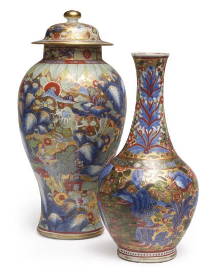 A CANTON CLOBBERED BLUE AND IRON-RED BALUSTER JAR AND COVER AND TWO BOTTLE VASES,