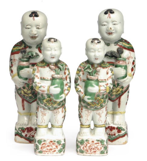 TWO PAIRS OF CHINESE EXPORT FAMILLE VERT FIGURES OF HEHE ERXIAN TWINS,