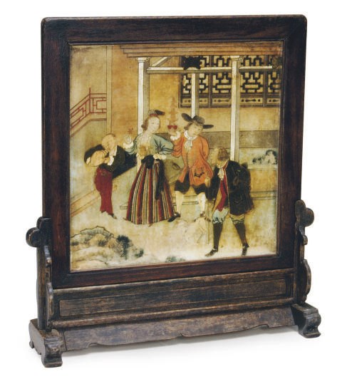 A FRAMED CHINESE EXPORT SOAPSTONE PANEL PAINTED WITH FIGURES IN EUROPEAN DRESS,