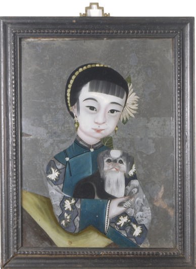 THREE CHINESE EXPORT REVERSE PAINTED GLASS PORTRAITS OF BEAUTIES,
