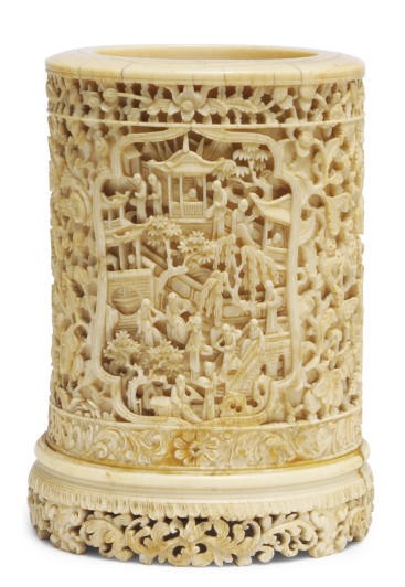 A CHINESE CARVED IVORY BRUSH POT,**