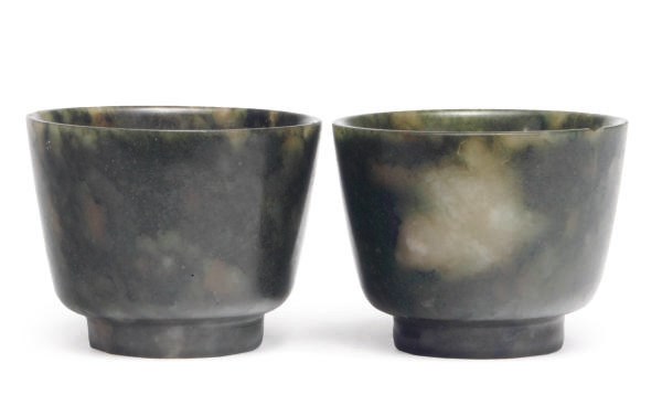 TWO SMALL CHINESE SPINACH GREEN JADE CUPS