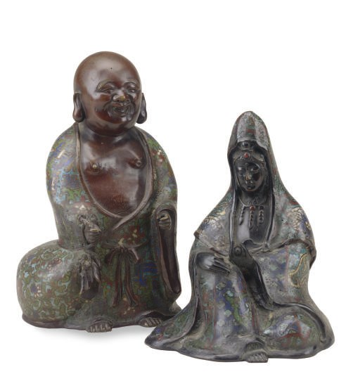 A CHINESE CLOISONNE ENAMEL FIGURE OF A BUDAI AND A GUANYIN,