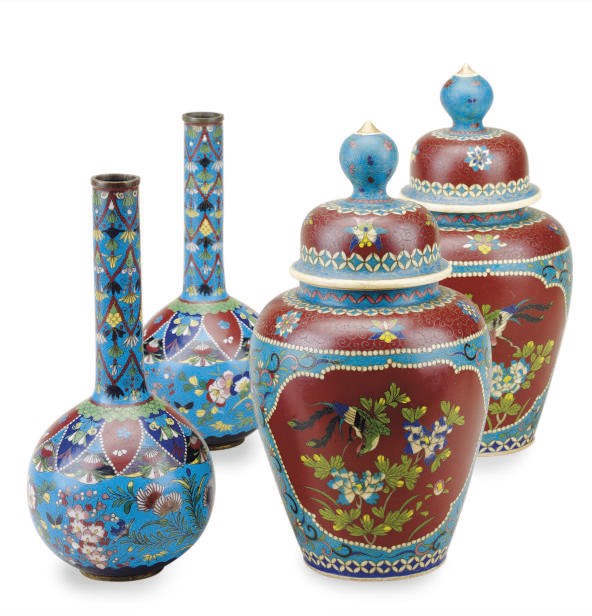 A PAIR OF CLOISONNE ENAMEL BOTTLE VASES AND A PAIR OF CLOISONNE ENAMEL ON CERAMIC OVOID JARS AND COVERS