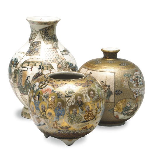 TWO JAPANESE SATSUMA VASES AND A CENSER,