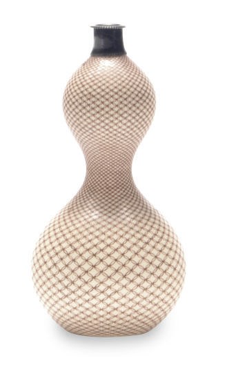 A JAPANESE SILVER-MOUNTED SATSUMA SMALL DOUBLE GOURD SAKE FLASK,