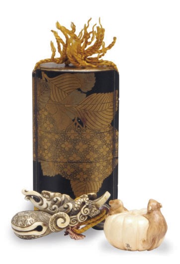 A JAPANESE LACQUER INRO WITH IVORY NETSUKE,**