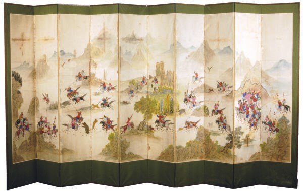 A KOREAN TEN PANEL SCREEN PAINTED WITH A ROYAL HUNTING PARTY,