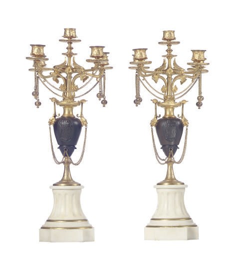 A PAIR OF FRENCH PATINATED, GILT-BRONZE AND MARBLE FIVE-LIGHT CANDELABRAS,