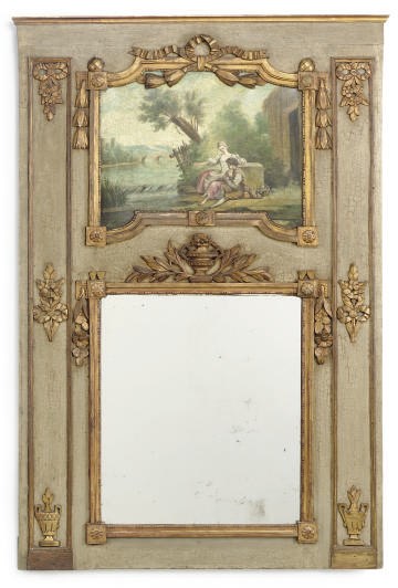 A FRENCH GREY-PAINTED AND PARCEL-GILT TRUMEAU MIRROR,