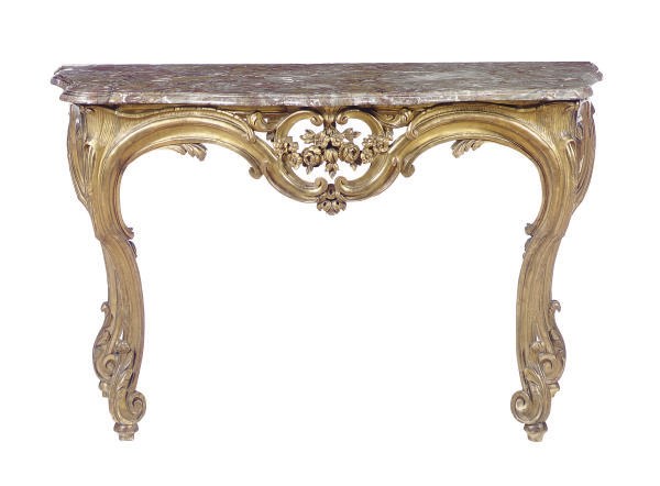 A LOUIS XV GILTWOOD AND MARBLE TOP CONSOLE,