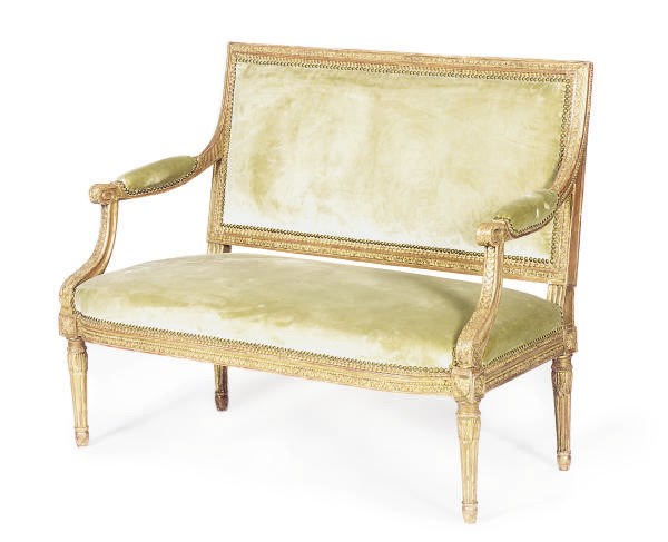 A FRENCH GILTWOOD AND UPHOLSTERED CANAPE,