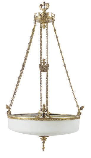 A GILT-METAL AND ETCHED GLASS PLAFFONIER CEILING FIXTURE,