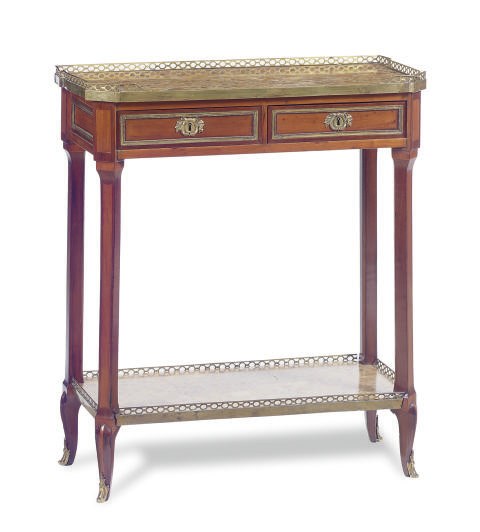 A FRENCH ORMOLU-MOUNTED MAHOGANY AND MARBLE CONSOLE DESSERTE,
