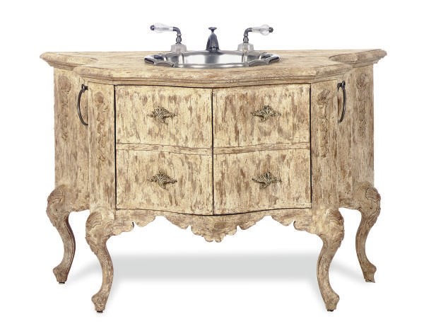 A CREAM-PAINTED SERPENTINE COMMODE MOUNTED AS A SINK WITH ROCK CRYSTAL HARDWARE,