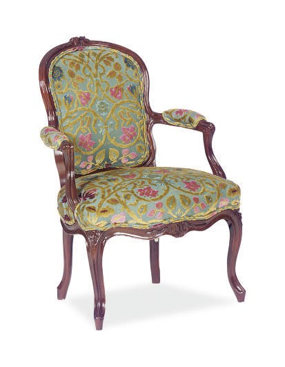 A LOUIS XV BROWN PAINTED AND CUT-VELVET UPHOLSTERED FAUTEUIL,