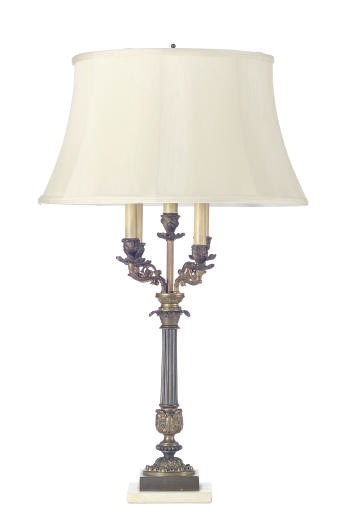 A FRENCH GILT-METAL FIVE-LIGHT CANDELABRUM MOUNTED AS A LAMP,