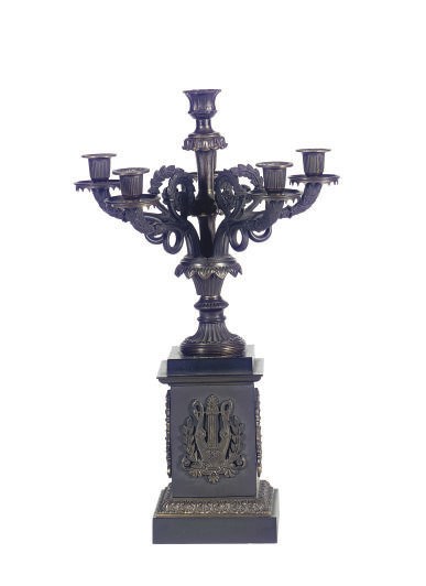 A FRENCH PATINATED AND GILT-METAL FOUR-LIGHT CANDELABRUM,