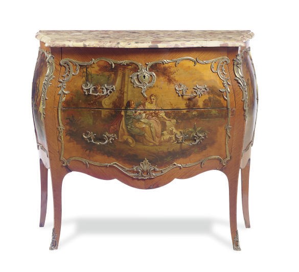 A FRENCH GILT-METAL MOUNTED KINGWOOD AND VERNIS MARTIN TWO-DRAWER MARBLE TOP COMMODE**,