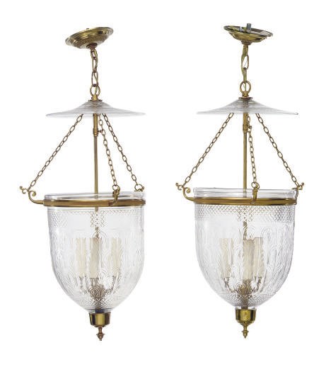 A SET OF THREE GILT-METAL AND GLASS CEILING PENDANT FIXTURES,