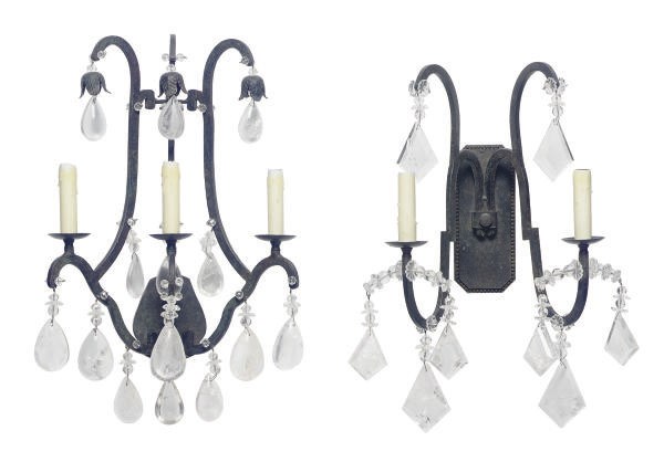 A GROUP OF FIVE PATINATED METAL AND ROCK CRYSTAL WALL-LIGHTS,