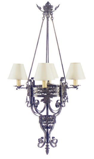 A WROUGHT IRON FOUR-LIGHT CHANDELIER,