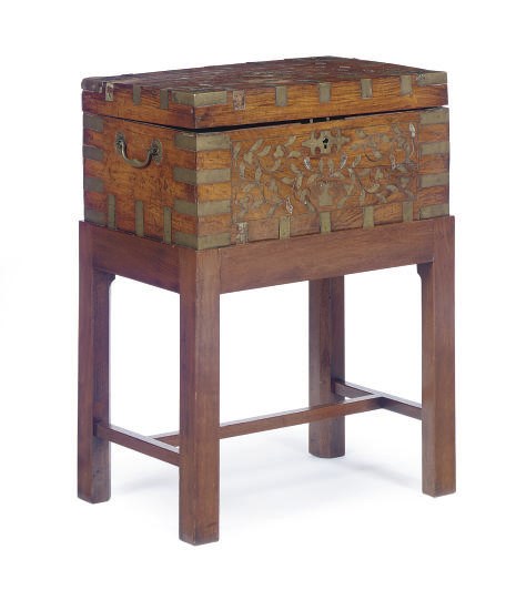 A VICTORIAN BRASS INLAID MAHOGANY WRITING BOX ON LATER STAND,