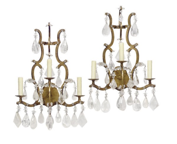 A PAIR OF GILT-METAL AND ROCK CRYSTAL TWO-BRANCH WALL-LIGHTS,