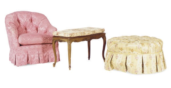 A CARVED WALNUT AND CANED BENCH TOGETHER WITH AN OTTOMAN AND ARMCHAIR,