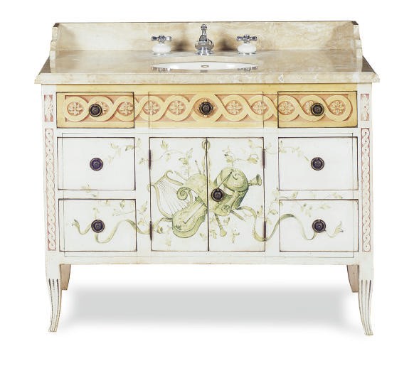 A POLYCHROME-PAINTED MARBLE TOP COMMODE MOUNTED WITH A SINK,