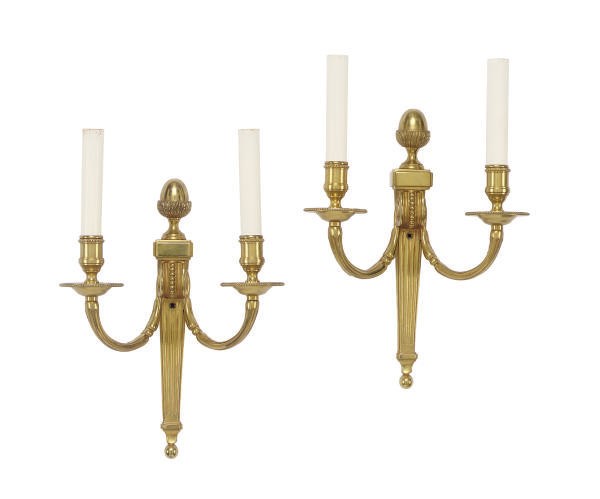 A SET OF FOUR GILT-METAL TWO-BRANCH WALL-LIGHTS,