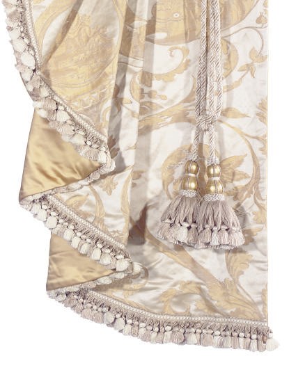 A GROUP OF EIGHT COWTAN AND TOUT SILK DAMASK CURTAIN PANELS TOGETHER WITH THREE PELMETS,