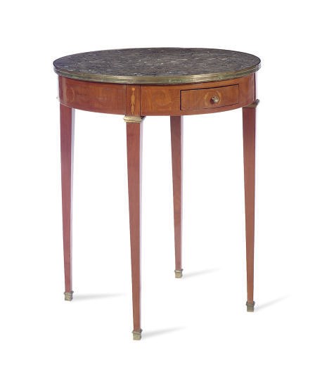 A FRENCH INLAID FRUITWOOD AND MARQUETRY MARBLE TOP BOUILLOTTE TABLE,