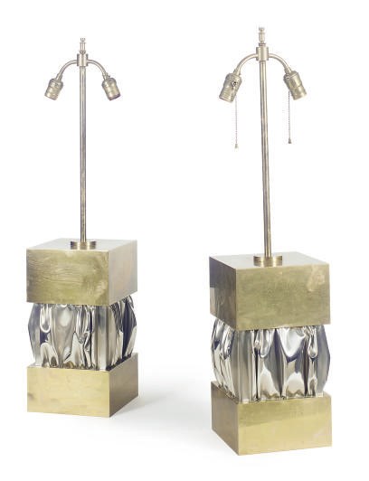 A PAIR OF FRENCH POLISHED BRASS AND SILVERED METAL TABLE LAMPS,