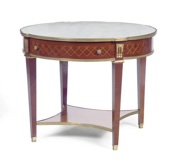 A FRENCH GILT-METAL MOUNTED MAHOGANY AND GREEN-STAINED PARQUETRY MARBLE TOP BOUILOTTE TABLE,