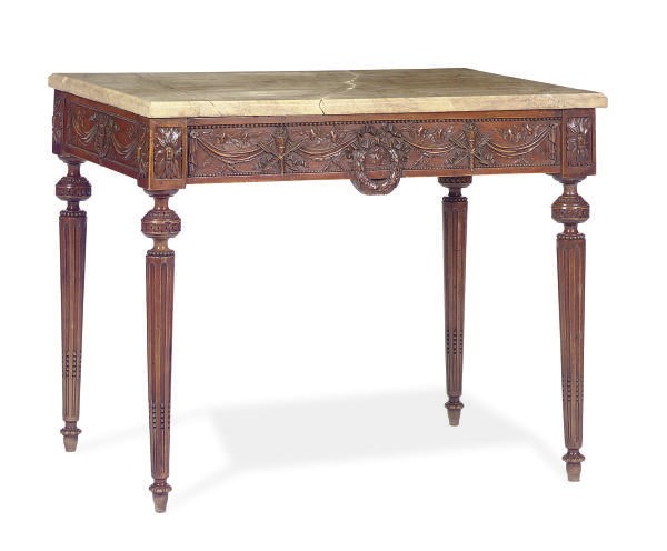 A FRENCH STAINED BEECHWOOD AND MARBLE TOP CENTER TABLE,