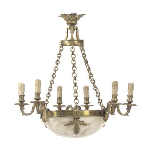 A GILT-METAL AND ALABASTER SIX-LIGHT CHANDELIER,