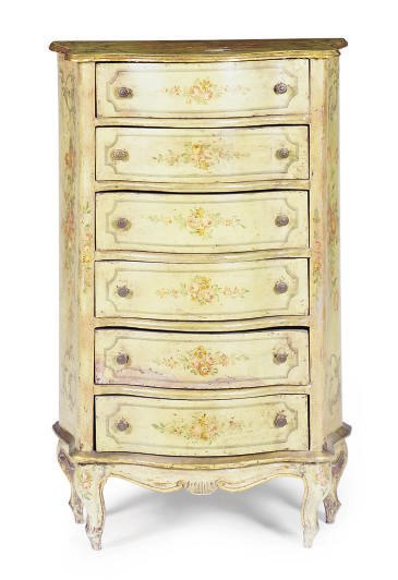 A FRENCH POLYCHROME-PAINTED CHEST OF DRAWERS,