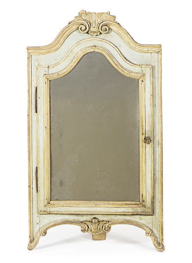 A LOUIS XV BLUE AND CREAM-PAINTED PINE AND MIRRORED DOOR CORNER CUPBOARD,