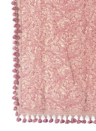 FOUR PINK AND CREAM FLORAL LINEN CURTAIN PANELS,