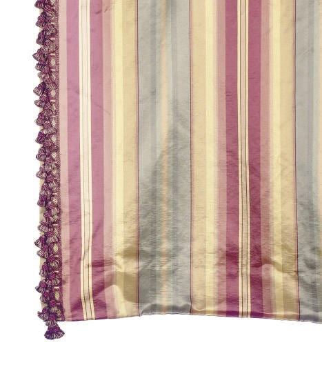 A GROUP OF TEN BURGUNDY, GOLD, AND GREEN STRIPED SILK CURTAINS,