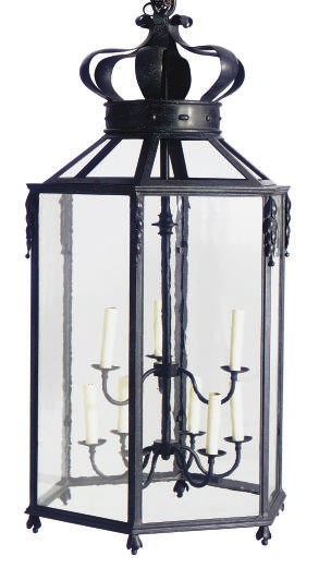 A WROUGHT-IRON AND GLASS HANGING LANTERN,