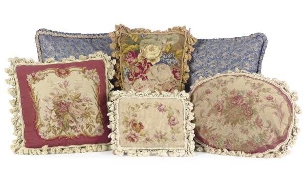 A PAIR OF FORTUNY PILLOWS TOGETHER WITH A GROUP OF FOUR NEEDLEWORK PILLOWS,