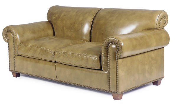A BROWN LEATHER TWO-SEAT SOFA,