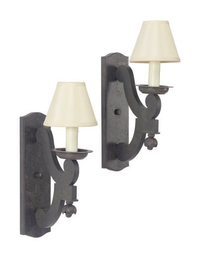 A GROUP OF SEVEN PATINATED METAL AND PAINTED-WOOD SINGLE-LIGHT WALL-LIGHTS,