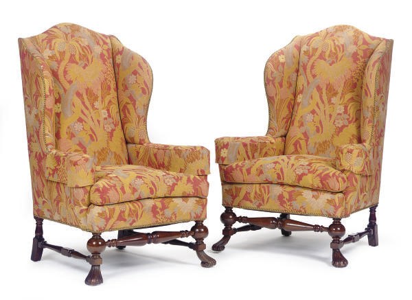 A PAIR OF OAK AND STAINED FRUITWOOD WINGBACK ARMCHAIRS,