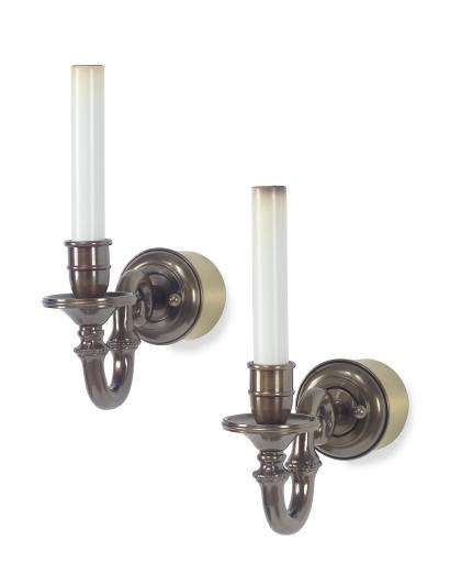 A SET OF FIVE PATINATED METAL SINGLE WALL-LIGHTS,