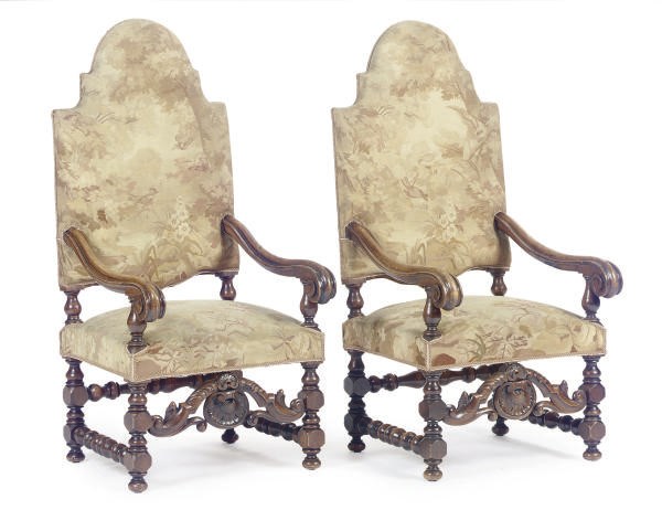 A PAIR OF FLEMISH WALNUT AND FLORAL TAPESTRY UPHOLSTERED ARMCHAIRS,
