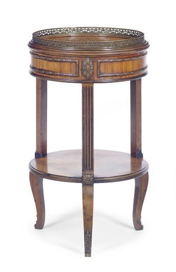 A CONTINENTAL GILT-METAL MOUNTED FRUITWOOD CIRCULAR OCASSIONAL TABLE,