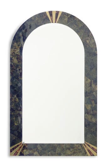 AN EGGSHELL LACQUERED AND BRASS OVERMANTEL MIRROR,